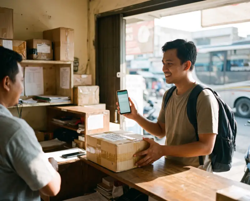 Pembeli mengambil paket di kantor bis dengan menunjukkan WA