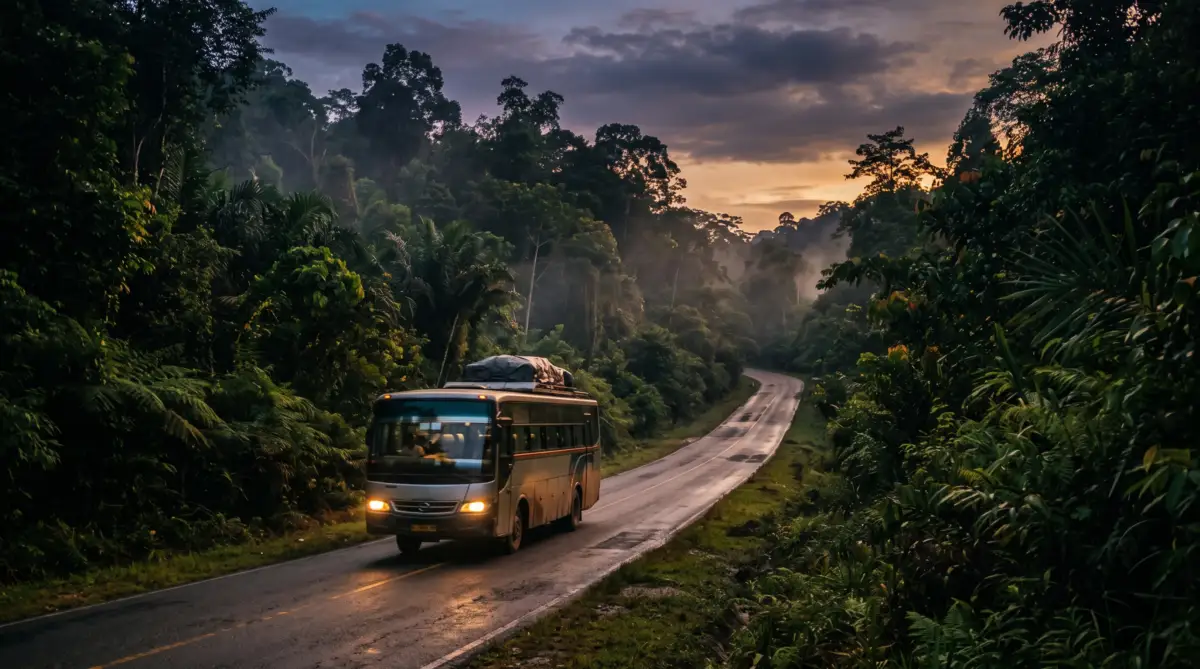 Bis antarkota melintasi jalan hutan Kapuas Hulu saat senja